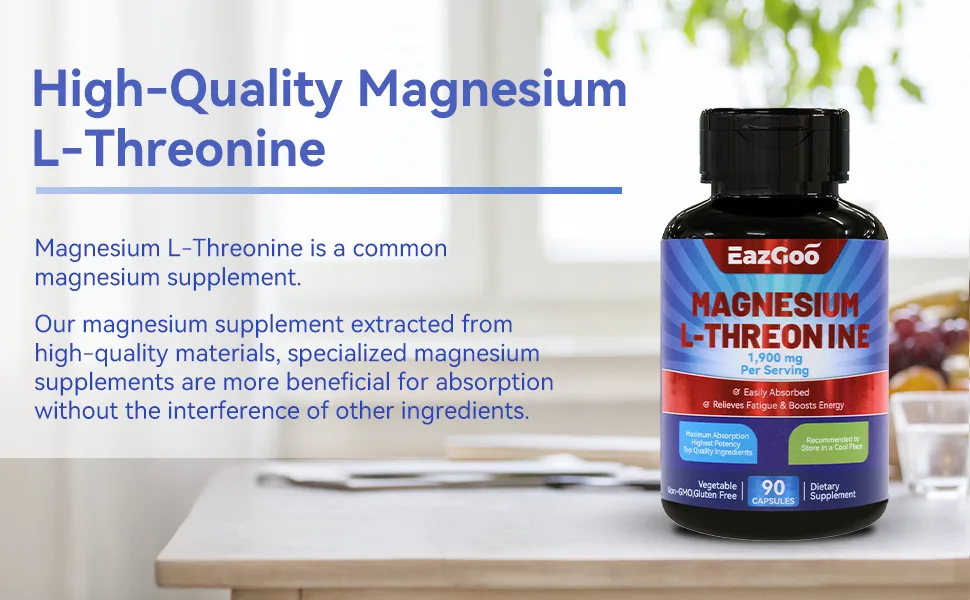 Magnesium L-Threonine 1900mg Supplement | High Absorption Mineral Magnesium Capsules for Bone & Muscle Support | 90 Counts Premium Bioavailable Formula - Magnesium Capsules 90 Counts