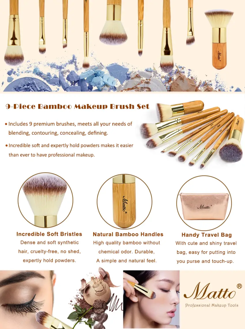 Matto Makeup Brushes 9-Piece Makeup Brush Set Foundation Brush with Travel Makeup Bag - product information 1