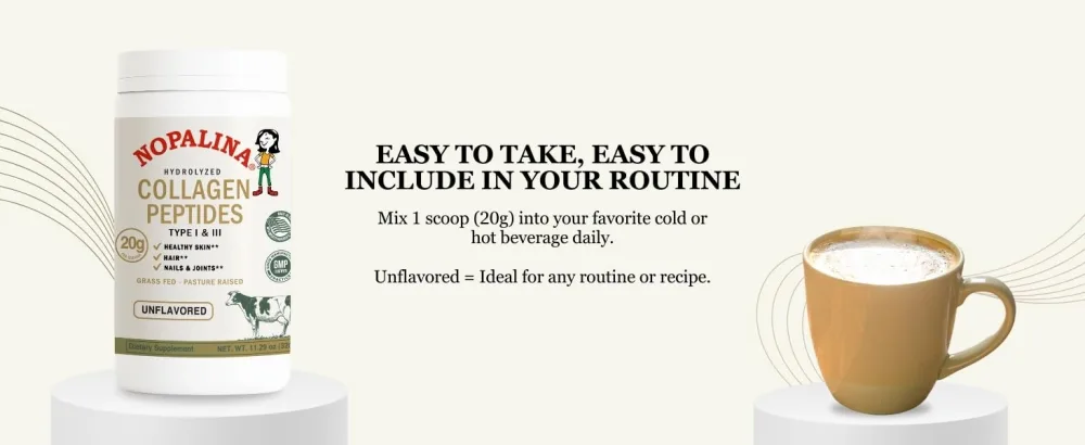 Nopalina Hydrolyzed Collagen Peptides Powder - Type I & III Grass Fed Pasture Raised Bovine Collagen - 20g Per Serving Unflavored 320g (16 Servings) - Collagen