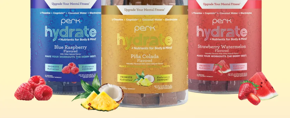 Perk Hydrate Electrolyte Stickpacks Strawberry Watermelon Flavored (20 Packets) - Coconut Water CDP-Choline L-Theanine Gluten-Free - Perk Hydrate