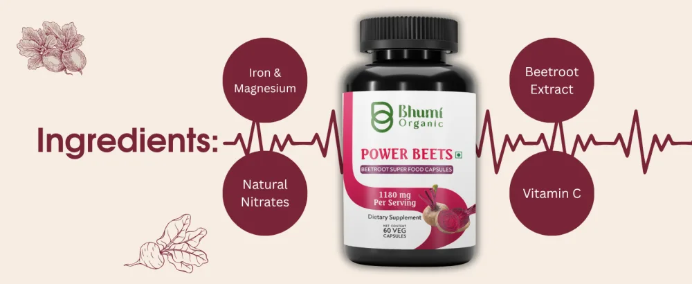 Bhumi Organic Power Beets Supplement 1180mg Beetroot Super Food 60 Vegan Capsules - Power Beets Supplement