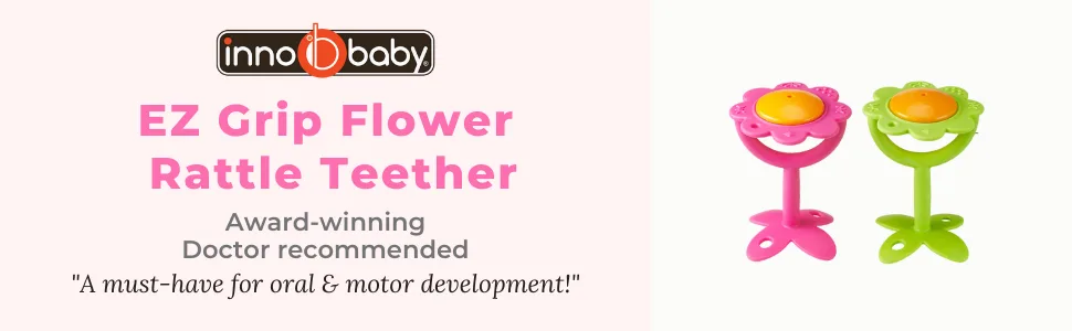 Innobaby Original Teethin' Smart EZ Grip Flower Teether Rattle and Sensory Toy for Babies and Toddlers. BPA Free Teether Green - itzy ritzy teether, teether, teething, silicone teether, innobaby, baby teether, ring teether