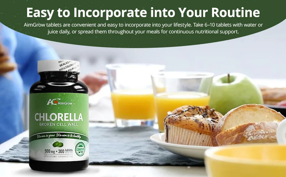 Aimgrow Chlorella Tablets with Broken Cell Wall Canada 500mg 300 Counts - Easy to Incorporate into Your Routine