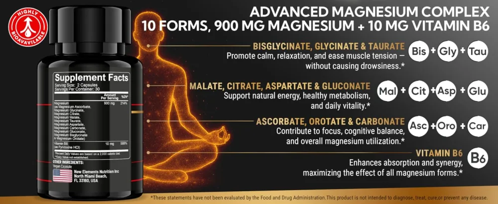 Magnesium 10X Complex 900mg Elemental Magnesium | Glycinate Gluconate Malate Orotate Carbonate Asparate Taurate Citrate Bisglycinate Ascorbate + Vitamin B6 for Superior Absorption - Magnesium 10x complex 2