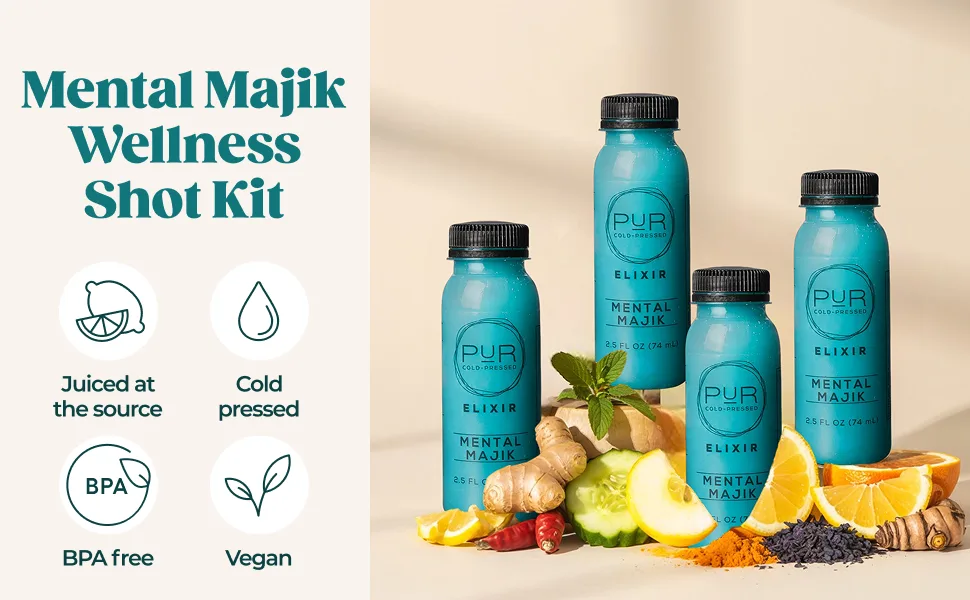 PUR Wellness Shots Mental Majik 12 Pack Lemon Agave Blue Spirulina & Ginger Shots for Focus Fresh Cold-Pressed Raw Juice Elixir Non-GMO Plant-Based Pressed at Source 2.5 fl oz - pur cold pressed juice