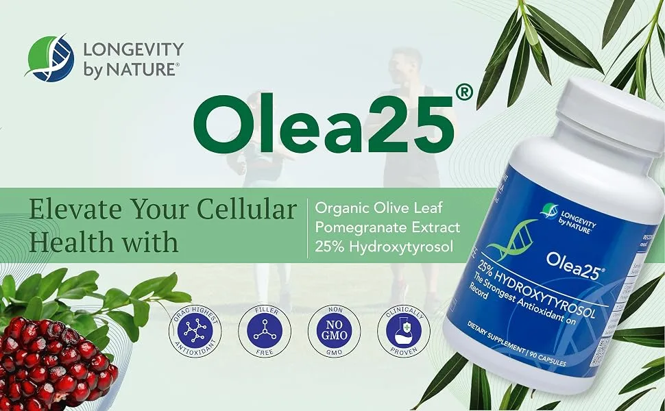 Longevity by Nature Hydroxytyrosol Supplement Olea25 Organic Olive Leaf Extract Capsules 90 Count Antioxidants Supplement for Immune Support and Heart Health - hydroxytyrosol supplement