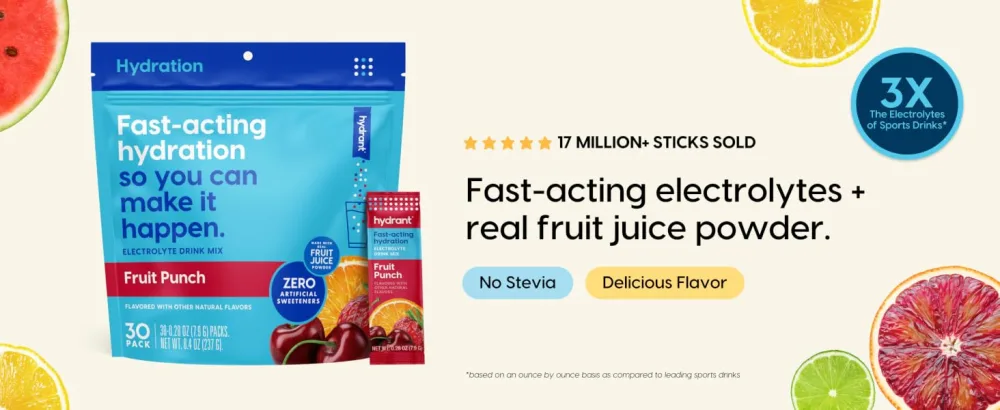 HYDRANT - Hydrate Electrolyte Powder Fruit Punch Flavor 30 Rapid Hydration Individual Stick Packs - Low Sugar Drink Mix for Daily Use Travel & Workouts - hydration pack