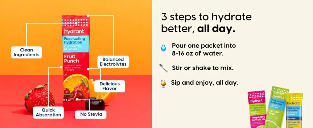 HYDRANT - Hydrate Electrolyte Powder Fruit Punch Flavor 30 Rapid Hydration Individual Stick Packs - Low Sugar Drink Mix for Daily Use Travel & Workouts - stick packs
