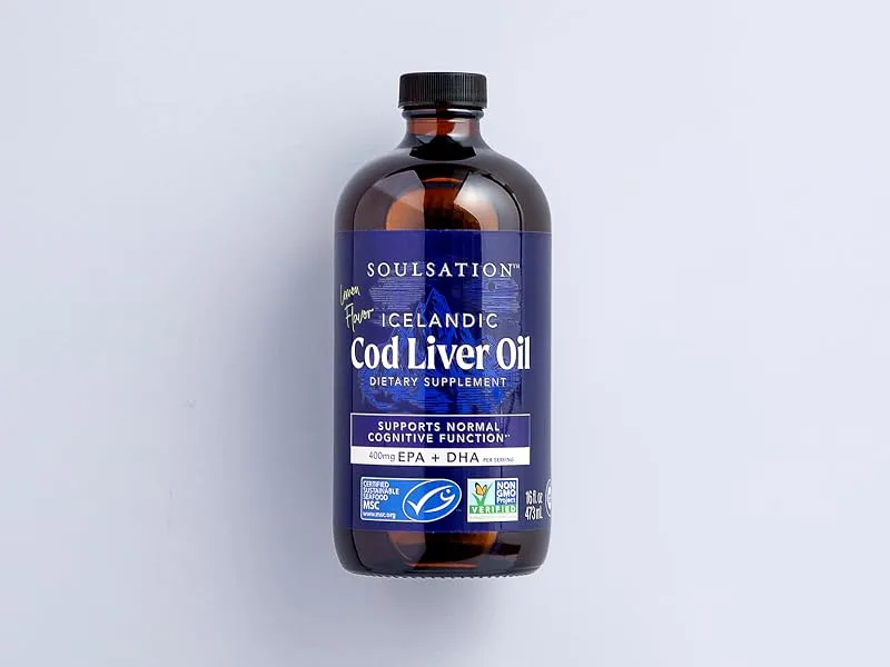 Icelandic Cod Liver Oil Liquid Lemon (16oz) - Vitamins A & D EPA & DHA - Helps Vision Skin Membranes & Immune Function - MSC Certified Non-GMO 16 Fl Oz (Pack of 1) - SoulSation Cod Liver Oil