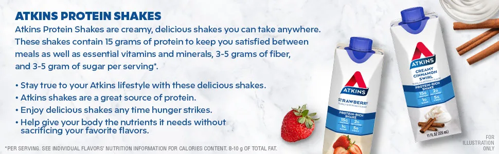 Atkins Milk Chocolate Delight Protein Shake 15g Protein Low Glycemic 2g Net Carb 1g Sugar Keto Friendly 12 Count (Pack of 2) - Image describing Atkins protein rich shakes. It talks about keeping you satisfied between meals