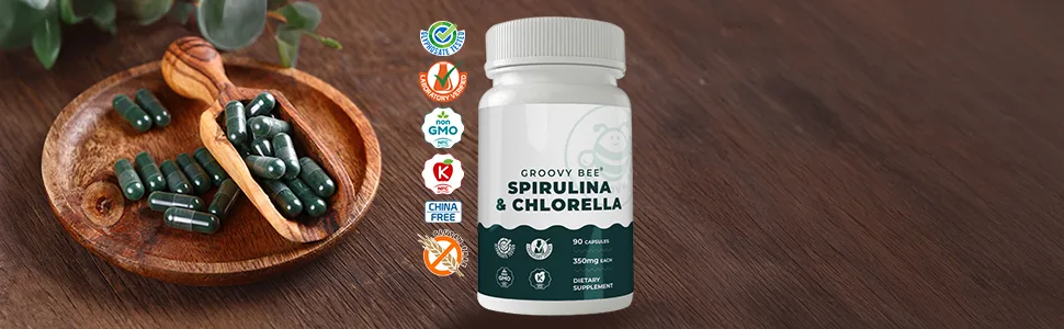GROOVY BEE Spirulina and Chlorella Capsules 90 Caps (350 mg Each) - 970 x 300
