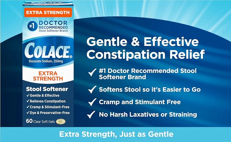 Colace Extra Strength Stool Softener for Gentle Effective Constipation Relief #1 Doctor Recommended Stool Softener Brand 250 mg Docusate Capsules 60 Count (Pack of 1) - Colace Extra Strength callouts