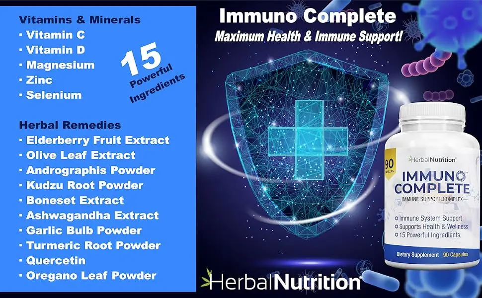 Immuno Complete an Immune Support Supplement with Vitamin C D Zinc Magnesium Elderberry and 10 More Synergistic Ingredients for Immune Support (1) - Immuno Support Ingredients