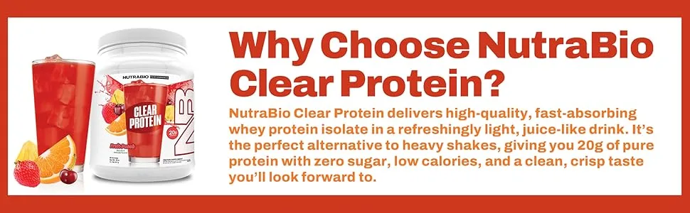 NutraBio Clear Protein Powder Fruit Punch - 20 Servings 20g Clear Whey Protein Isolate 0 Sugar 0g Lactose Refreshing Fruit Flavors GLP1 Support - Bone Health - Muscle Post Workout Recovery - Nutrabio Clear Protein