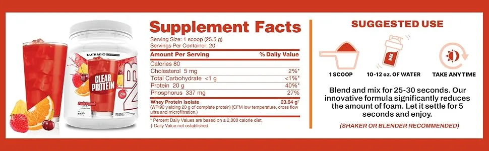 NutraBio Clear Protein Powder Fruit Punch - 20 Servings 20g Clear Whey Protein Isolate 0 Sugar 0g Lactose Refreshing Fruit Flavors GLP1 Support - Bone Health - Muscle Post Workout Recovery - Supplement Facts