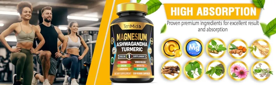 Tenmido Magnesium Supplement -120 Capsules for 2 Months Supply - with Vitamin C Ashwagandha Turmeric Panax Ginseng & More - magnesium complex magnesium magnesium complex for women magnesio complex magnesium complete