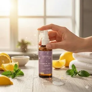 FARMASi Nutriplus Vitamin D3 Spray Clean Formula 20 ml / 0.67 fl oz Lemon Flavored No Sugar No Preservatives - Hand spraying Nutriplus Vitamin D3 on a bright morning with sunlight and mint