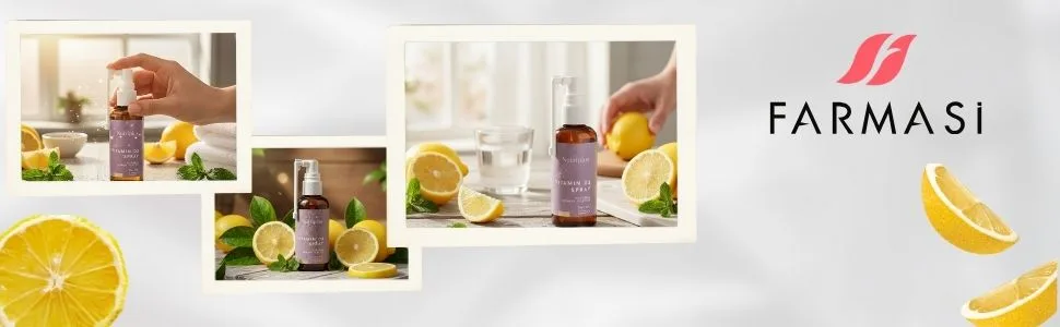 FARMASi Nutriplus Vitamin D3 Spray Clean Formula 20 ml / 0.67 fl oz Lemon Flavored No Sugar No Preservatives - Hand using Nutriplus Vitamin D3 Spray surrounded by lemons and mint leaves