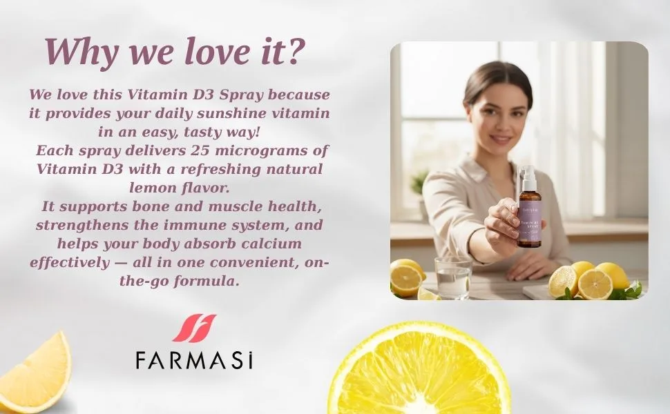 FARMASi Nutriplus Vitamin D3 Spray Clean Formula 20 ml / 0.67 fl oz Lemon Flavored No Sugar No Preservatives - Woman using Nutriplus Vitamin D3 Spray for bone, immune, and muscle health