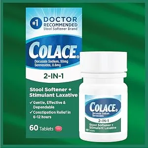 Colace 2-in-1 Stool Softener Plus Stimulant Laxative for Gentle Effective Constipation Relief Docusate Sodium Plus Sennosides 60 Count (Pack of 2) - 2 in 1 60ct