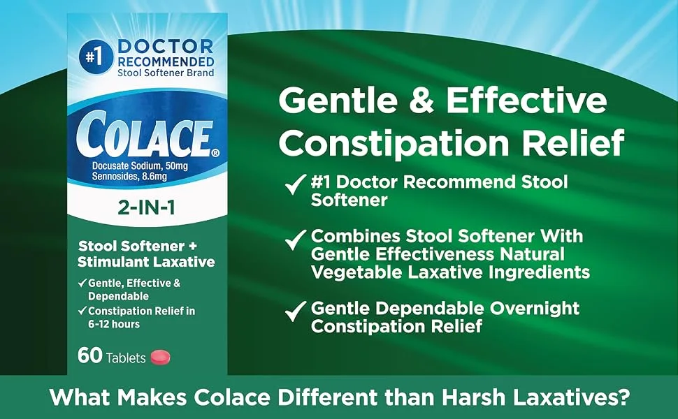 Colace 2-in-1 Stool Softener Plus Stimulant Laxative for Gentle Effective Constipation Relief Docusate Sodium Plus Sennosides 60 Count (Pack of 2) - colace gentle & effective