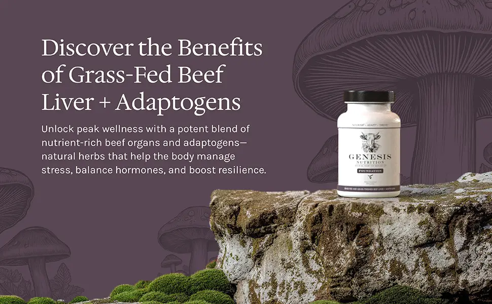 Genesis Nutrition Advanced Beef Liver with Adaptogens & Mushrooms | Grass Fed Freeze-Dried | 4 500mg 180 Capsules - Beef Liver adaptogens mushrooms cordyceps reishi rhodiola ginseng organs energy immunity primal