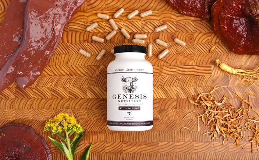 Genesis Nutrition Advanced Beef Liver with Adaptogens & Mushrooms | Grass Fed Freeze-Dried | 4 500mg 180 Capsules - Hígado de Res Alimentado con Pasto Hongos Adaptógenos Cápsulas de Cordyceps Extracto de Reishi