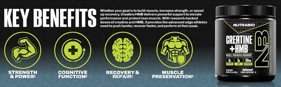 NutraBio Creatine + HMB- Creatine Monohydrate with HMB Powder for Muscle Growth Increased Strength- 30 Servings (Unflavored) - Key Benefits