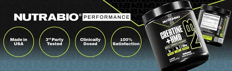 NutraBio Creatine + HMB- Creatine Monohydrate with HMB Powder for Muscle Growth Increased Strength- 30 Servings (Unflavored) - Nutrabio Performance