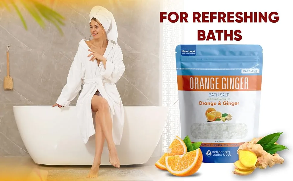 Orange Ginger Bath Salt 32 Ounces Epsom Salt with Natural Ginger and Orange Essential Oils Plus Vitamin C in BPA Free Pouch with Easy Press-Lock Seal 2 Pound - relaxing bath salts