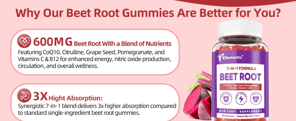 ELLAMENTZ Beet Root Gummies 600mg with CoQ10 L-Citrulline Grape Seed & Pomegranate - 7 in 1 Nitric Oxide Booster Gummies for Circulation Energy & Endurance Vegan 120 Counts - beet-2