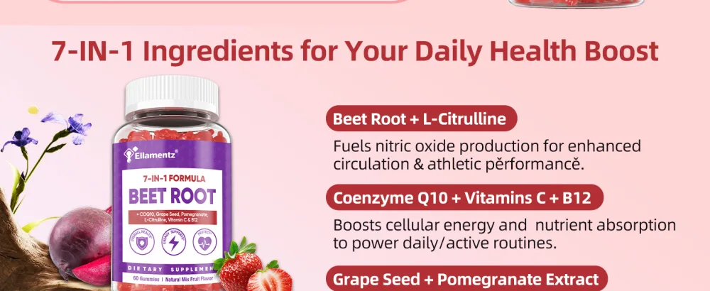 ELLAMENTZ Beet Root Gummies 600mg with CoQ10 L-Citrulline Grape Seed & Pomegranate - 7 in 1 Nitric Oxide Booster Gummies for Circulation Energy & Endurance Vegan 120 Counts - beet-3