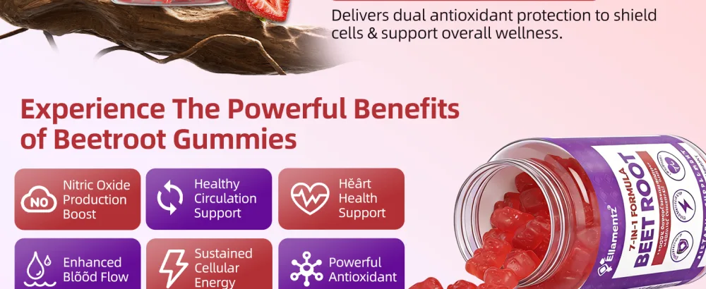 ELLAMENTZ Beet Root Gummies 600mg with CoQ10 L-Citrulline Grape Seed & Pomegranate - 7 in 1 Nitric Oxide Booster Gummies for Circulation Energy & Endurance Vegan 120 Counts - product information 4