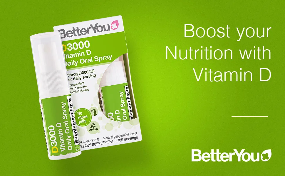 BetterYou Vitamin D3 Spray Liquid Immune Support Supplement 3000 IU Strength per Single Spray 0.507 Fl Ounce (100 Sprays) Peppermint - Dlux 3000