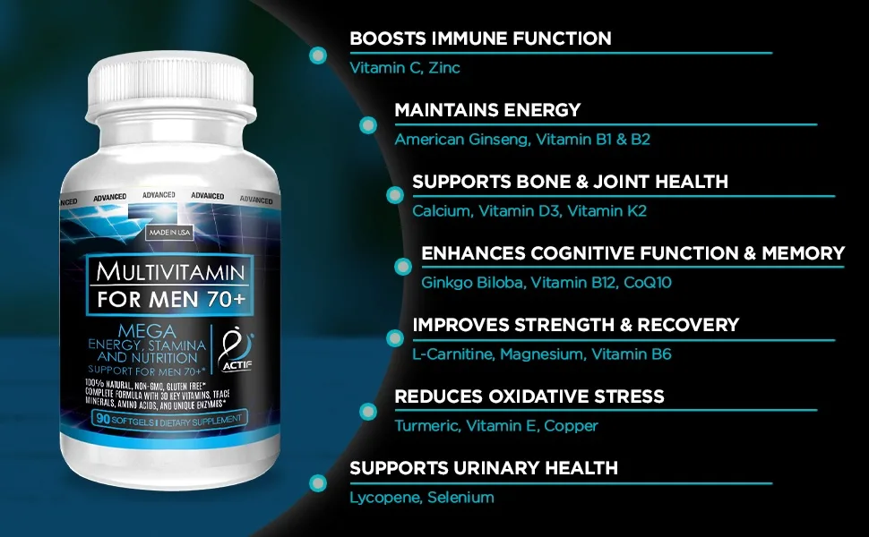 ACTIF Multivitamin for Men Age 70+ with 30 Advanced Factors Non GMO Made in USA 90 Count - men 70