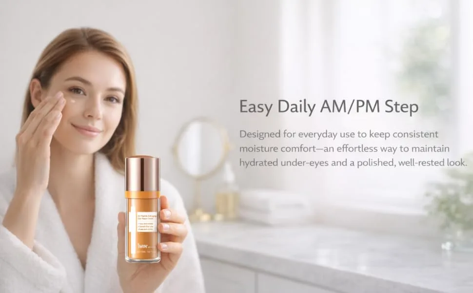 5D Under Eye Cream with Vitamin E Lightweight Eye Moisturizer Smooth-Looking Finish for Dryness-Related Fine Lines Day & Night Comfort 0.51 fl oz - Adult model tapping under-eyes; product shown clearly in the foreground.