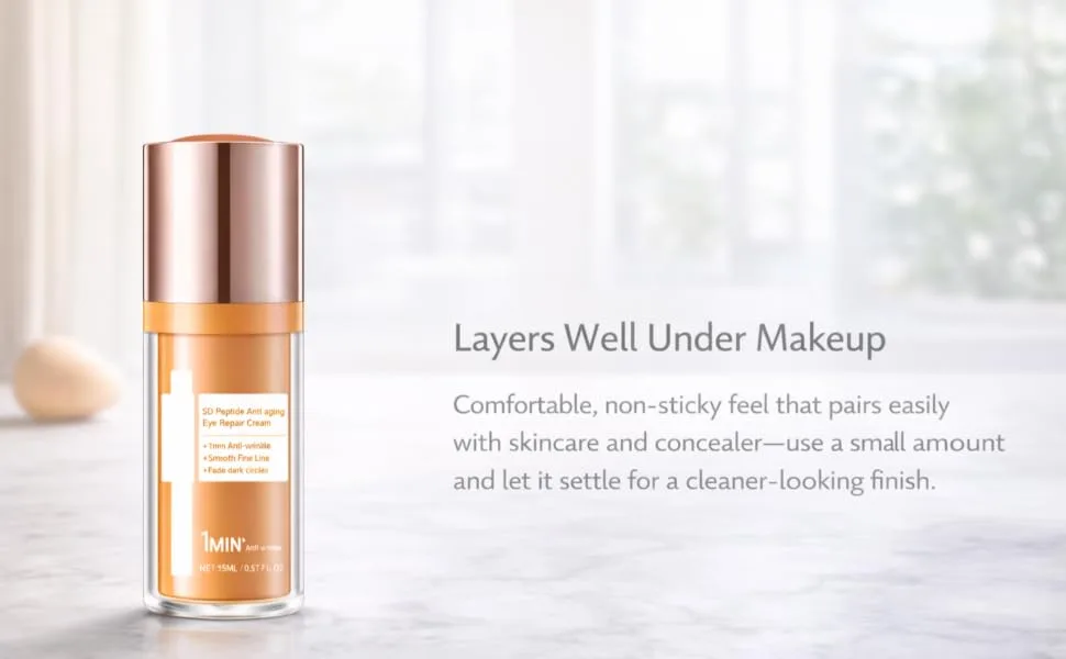 5D Under Eye Cream with Vitamin E Lightweight Eye Moisturizer Smooth-Looking Finish for Dryness-Related Fine Lines Day & Night Comfort 0.51 fl oz - Eye cream on a clean vanity scene; makeup-layering text.