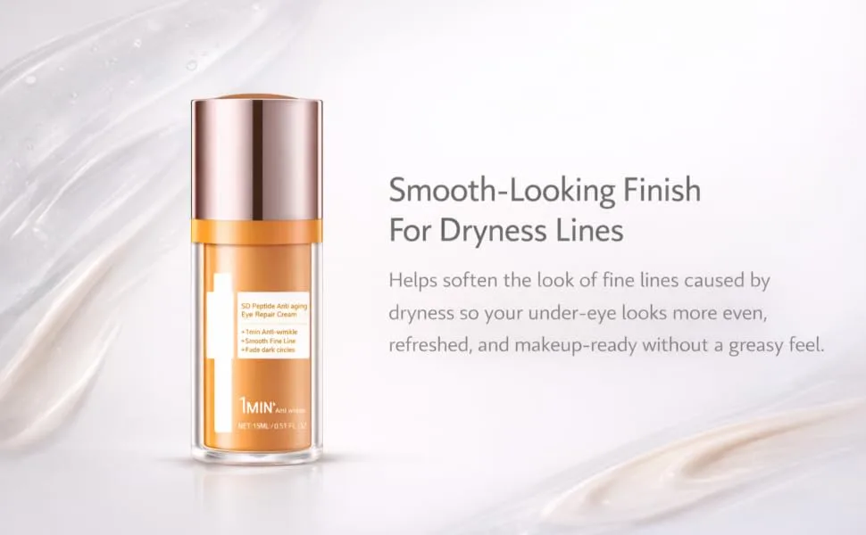 5D Under Eye Cream with Vitamin E Lightweight Eye Moisturizer Smooth-Looking Finish for Dryness-Related Fine Lines Day & Night Comfort 0.51 fl oz - Eye cream on a light background with abstract texture accents; smoothing text.