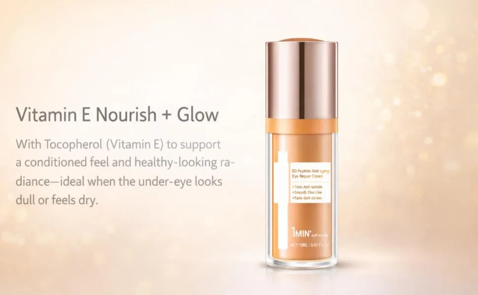 5D Under Eye Cream with Vitamin E Lightweight Eye Moisturizer Smooth-Looking Finish for Dryness-Related Fine Lines Day & Night Comfort 0.51 fl oz - Eye cream on a warm minimal background; Vitamin E (tocopherol) text.