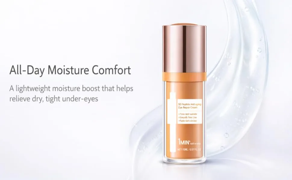 5D Under Eye Cream with Vitamin E Lightweight Eye Moisturizer Smooth-Looking Finish for Dryness-Related Fine Lines Day & Night Comfort 0.51 fl oz - Under-eye cream on a clean gradient background; all-day moisture comfort.