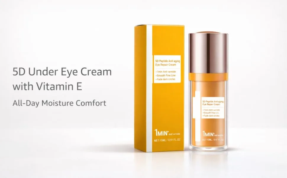 5D Under Eye Cream with Vitamin E Lightweight Eye Moisturizer Smooth-Looking Finish for Dryness-Related Fine Lines Day & Night Comfort 0.51 fl oz - Under-eye cream on a light gradient background with Vitamin E text.