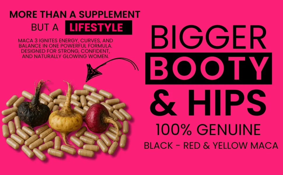 Maca 3 Capsules Black Red & Yellow Maca Root Blend Feminine Balance & Natural Body Support Herbal Formula - Black and orange capsules with benefits of Black Curvy Pack highlighted