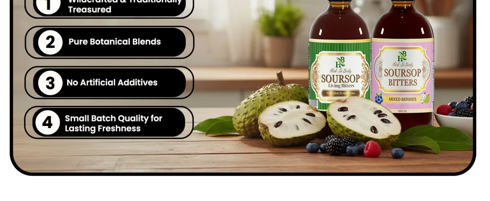 Herb To Body Soursop Bitter Liquid with Mixed Berries 16 oz Herbal Drink & Herbal Drink made with Wildcrafted Soursop Leaves - soursop bitter