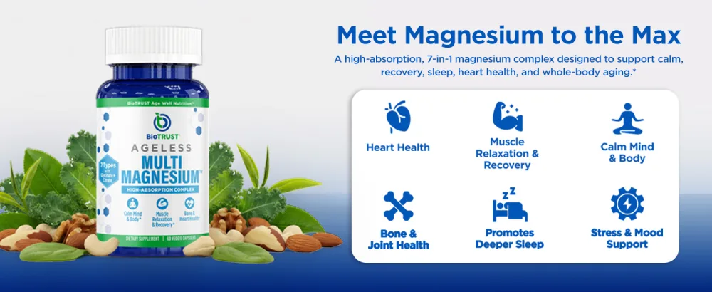 BioTrust Multi Magnesium Complex - High-Absorption 7-in-1 Supplement with Glycinate Malate Citrate Taurate Sucrosomial & More for Relaxation Focus Muscle Support - B6 & L-Theanine 60 Capsules - Multi Magnesium