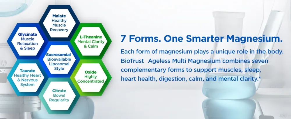 BioTrust Multi Magnesium Complex - High-Absorption 7-in-1 Supplement with Glycinate Malate Citrate Taurate Sucrosomial & More for Relaxation Focus Muscle Support - B6 & L-Theanine 60 Capsules - Multi Magnesium