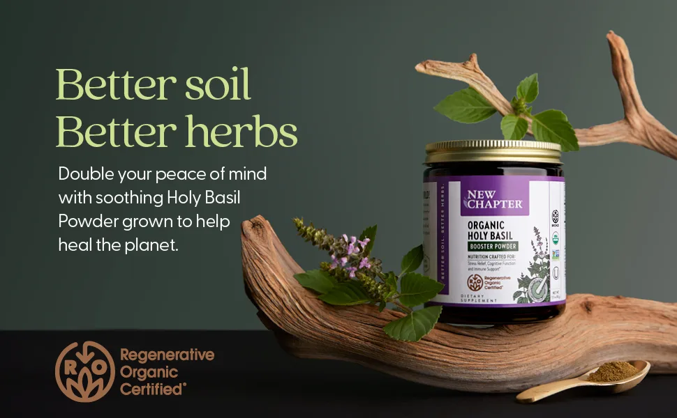 New Chapter Organic Holy Basil Booster Powder - Stress Relief Cognitive Function Memory Immune Support Supplement - Regenerative Organic Certified Tulsi 75 Servings - Better soil better herbs