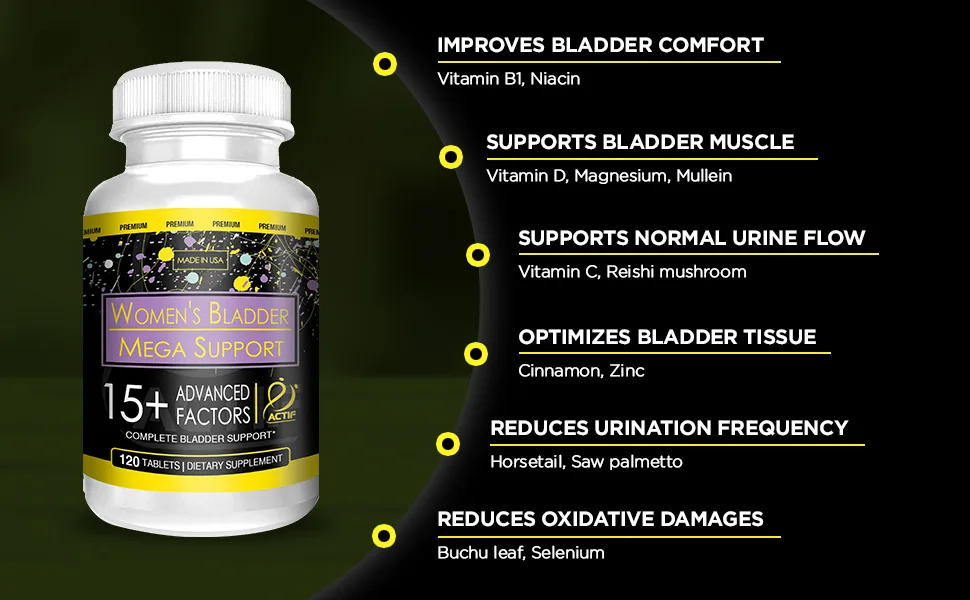 Actif Women's Bladder Mega Support with 15+ Factors Non-GMO for Bladder Control and Complete Bladder Support Made in USA 120 Count - bladder