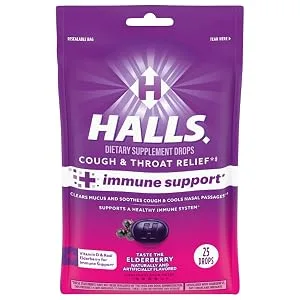 HALLS Cough and Throat Relief + Immune Support Elderberry Flavor Cough Drops 25 Drops - image