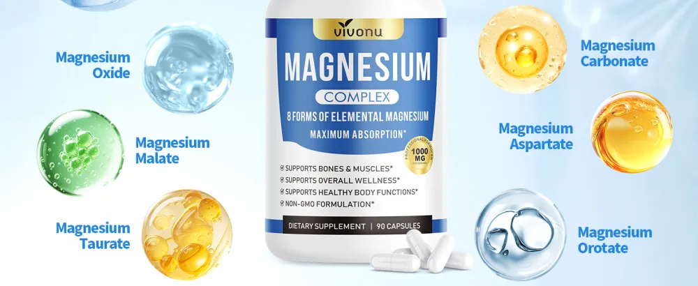Magnesium Complex 8 Forms of Elemental Magnesium for Maximum Absorption 1000mg High Potency Formula Supports Bones Muscles & Overall Well-Being Non-GMO 90 Capsules - 8-IN-1 Magnesium Complex Capsules