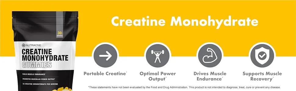 Creatine Monohydrate Gummies by NutraOne Pre- and Post Workout Recovery Fuel Muscular Performance Increase Endurance Support Muscle Recovery (Lemon - 30 Servings) - Creatine monohydrate, portable, optimal power output, muscle endurance, supports muscle recovery